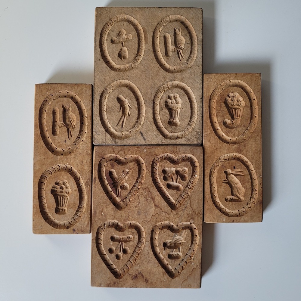 Antique Wooden Springerle Cookie Molds Set of 4 Hand Carved Owl, Rabbit, Hearts